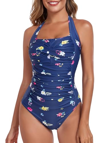 Image of Smismivo Tummy Control Swimwear Halter One Piece Slimming Vintage Retro Swimsuit Womens Ruched Push Up Bathing Suit
