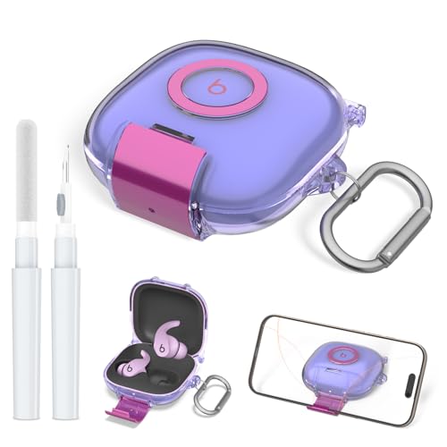 LAKSDIURT for Beats Fit Pro Case with Secure Lock and Phone Stand Shockpoof Clear Cover Case Compatible with Beats Fit Pro (2021) Earbuds Accessories with Cleaner Kit & Keychain (Purple)