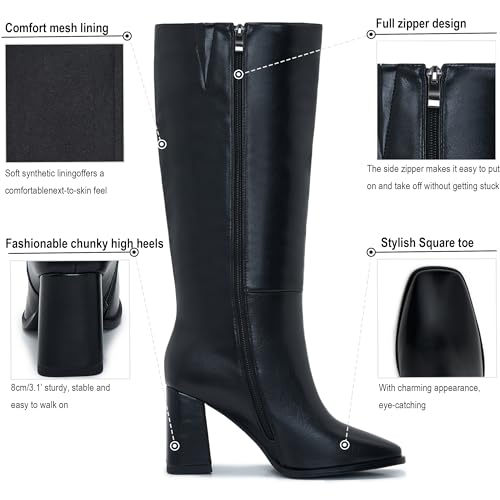 Image of Knee High Boots for Women - Wide Calf Boots with Zipper, Square Toe Tall Leather Boots, Chunky Heel Fashion Long Boots