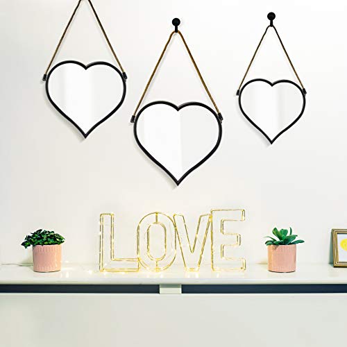 Urban Deco Heart Mirror 3 Pcs Heart Shaped Mirror Black Hanging Mirror Sets For Bedroom Living Room Bathroom Scandinavian Natural Wall Decoration Retro Style Wall Mirrors Decorative With 3 Hooks #TOP6