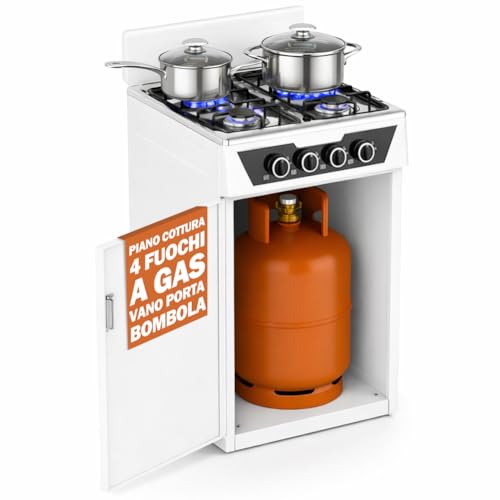 BAKAJI Cucina da Esterno con Piano Cottura 4 Fuochi a Gas, Mobile con Vano Portabombola Integrato Ideale per Esterni e Interni, Struttura Salvaspazio Robusta e Compatta con Paravento (Bianco)