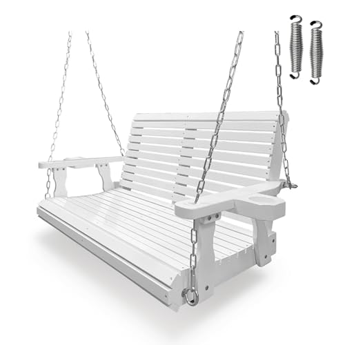 Wooden Porch Swing 2-Seater, Bench Swing with Cupholders, Hanging Chains and 7mm Springs, Heavy Duty 800 LBS, for Outdoor Patio Garden, Pure White, 4 FT Extra Large