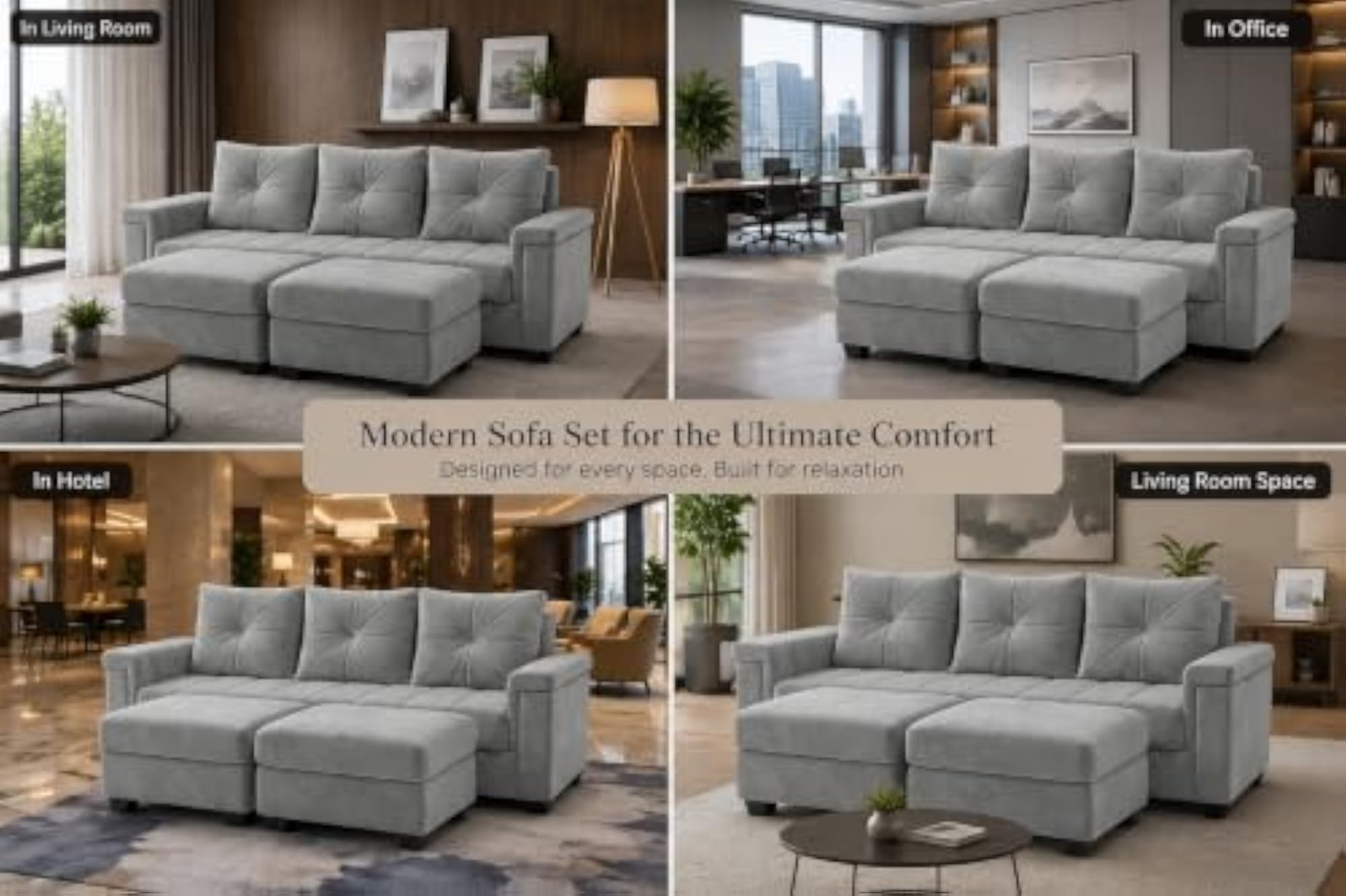 Peter Plush Velvet 5 Seater L Shape Sofa Set with Movable Ottomans