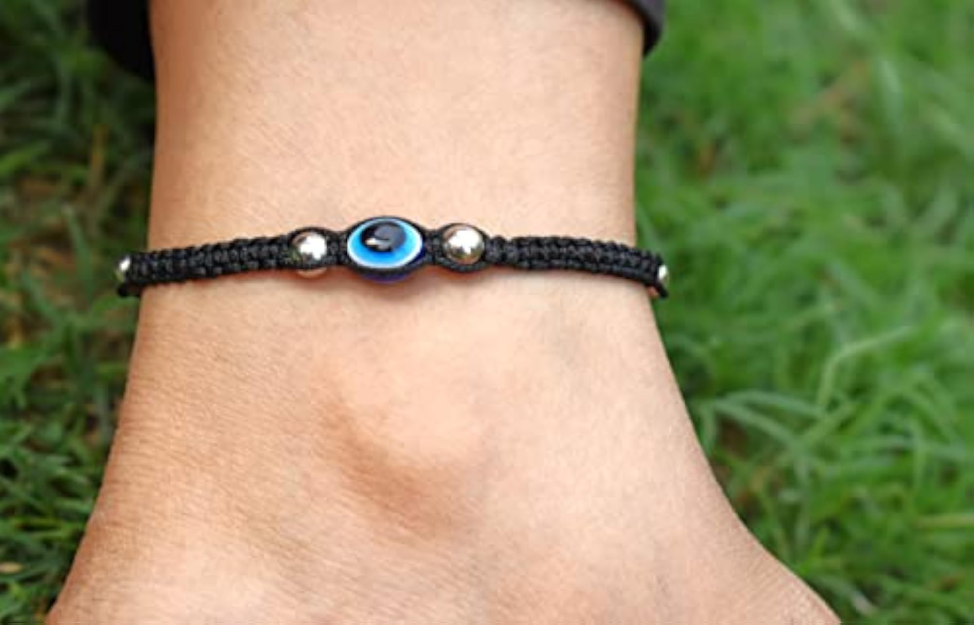 Handmade Adjustable Black Thread Knot Anklet with Blue Evil Eye