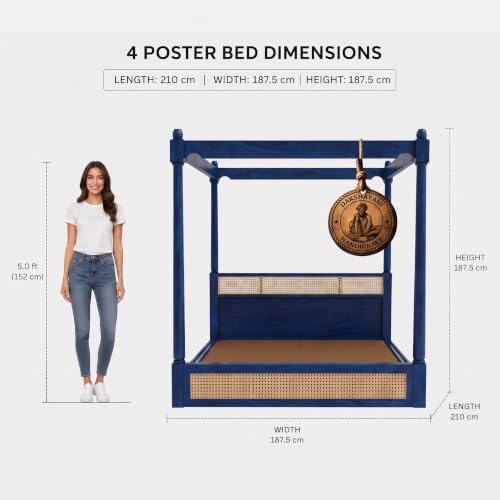 Image of Sheesham Solid Wood Allure Poster Bed for Bedroom | Handmade Wooden Cot | Elegant Four Poster King Size Bed Frame (Blue, King, Allure with Storage(Cane 2))