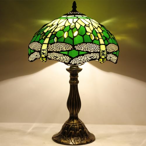 Image of WERFACTORY Tiffany Lamp Green Stained Glass Bedside Table Lamp 18 Inch Tall