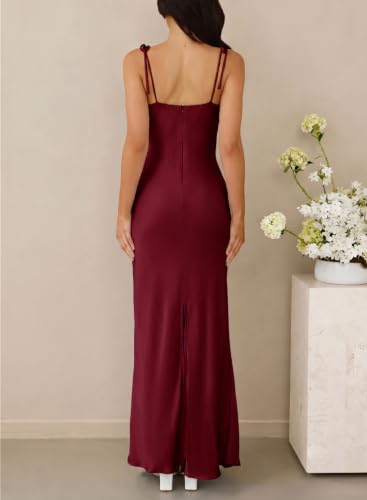 Image of 2026 Satin Cowl Neck Spaghetti Strap Maxi Dress for Women Bridesmaid | Silk,Tie Strap,Slip,Slit,Midi,Wedding Guest,Graduation,Elegant,Cocktail,Vacation,Party