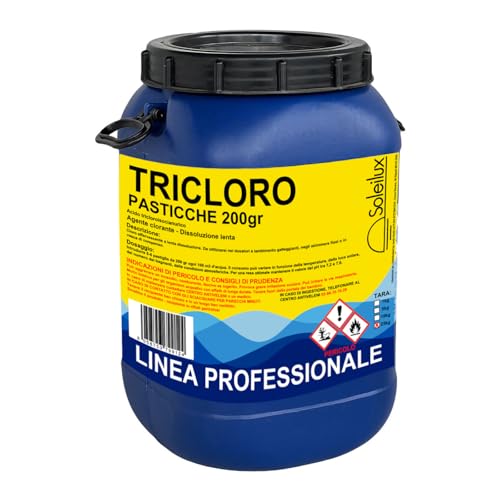 SOLEILUX Cloro Lento 90%, 25 kg di Tricloro in Pastiglie da 200 grammi per Piscina, a Lenta Dissoluzione, Trattamento per Mantenere Costante il Livello del Cloro nell' Acqua di Piscine