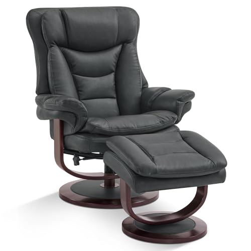 MCombo Oversized Swivel Recliner Chair with Ottoman, Adjustable Backrest, 360° Wood Base, High Seat, Faux Leather Lounge Chair for Tall Users in Living Room, Bedroom, or Office 4651 (Dark Grey)