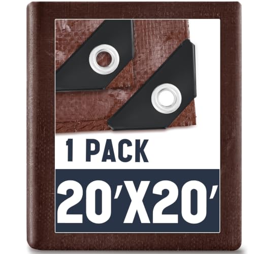 Image of 1 Pack 20 x 20 ft Brown Tarps Heavy Duty 5.5 Mil Waterproof Durable, Water Resistant, Rip & Tear Proof, Reinforced Edges, Multipurpose Firewood, Farm, Camping, Roof, Boat & Emergency Shelter