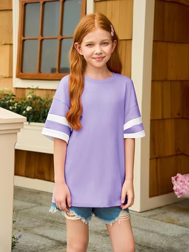 Image of Girls Oversized T Shirts Kids Summer Striped Short Sleeve Tops Casual Crewneck Tees 5-14 Years