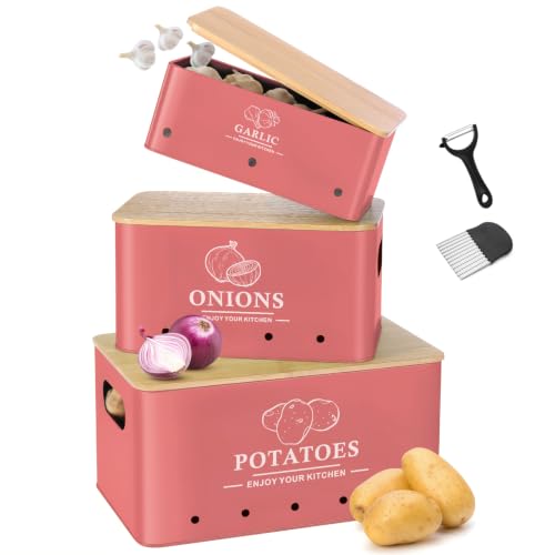 Dekosilave Kitchen Vegetable Storage Set of 3, Metal Onion Garlic Potato Storage Set, Kitchen Canisters Vegetable Keeper Containers with Aerating Holes and Bamboo Lid,Coral Red
