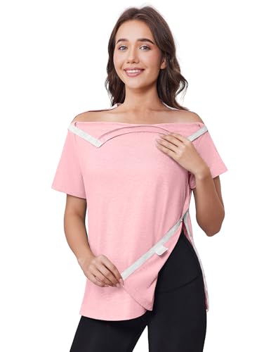 Deyeek Women Post Shoulder Surgery Shirts Full Side Snap-Open Recovery Tear Away Comfy After Surgery Clothes Comfortable Loose Short Sleeve Chemo Shirts Pink M