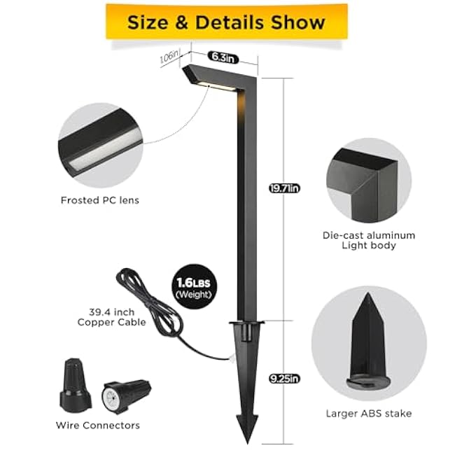 Gardencoin 3CCT LED Low Voltage Landscape Pathway Light, 12V Premium 3000K/4000K/5000K Selectable Path Lights Wired, Modern Walkway Lights Outdoor, Higher Housing with Larger Stake (19.7IN, 8 Pack)
