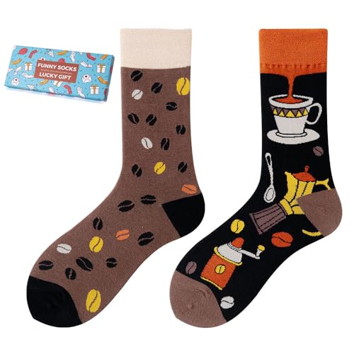 NxnChc Lustige Socken Für Damen Und Herren Unisex Viele Kaffee Motive Tier Essen Obst Sport Kunst Aus Baumwolle Geschenk Asymmetrische Muster Links Und Rechts