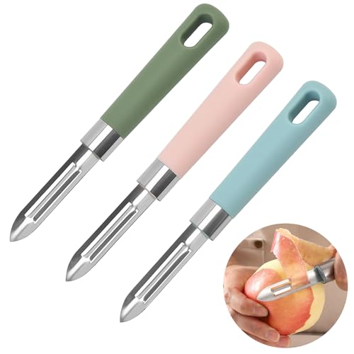 Fruit Peeler, Multifunctional Peeler Made of Stainless Steel, Ergonomic Handle for Vegetables, Potatoes and Carrot, Vegetable Peeler, Pack of 3 (Green, Pink, Blue)