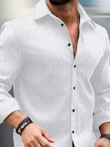 Image of DEELMO Men's Regular Fit Button Down Dress Shirts Textured Long Sleeve Casual Hawaiian Shirt