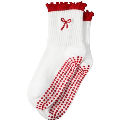 Image of Jeyiour Summer Cute Pilates Socks Women Bow Nonslip Ruffle Yoga Socks with Grip Barre Pilates Gift for Work Dance Fitness