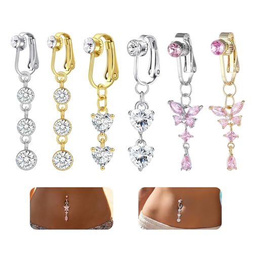 MENUY 6 Stück Fake Bauchnabelpiercing Silber und Gold Fake Bauchnabel Piercing Bauchnabelpiercing Hängend mit Schmetterling Herz Kristallkugel Anhänger Chirurgenstahl Belly Piercing