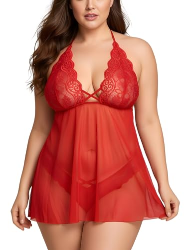 Image of Xs and Os Women's Polyester Spandex Mix & Lace Solid Midi Babydoll Lingerie with Panty