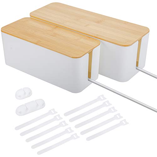 Cable Management Box Cord Organizer - 2 Pack Cable Wires & Power Strips Hider Management Concealer, Safe ABS Material Wire Storage Keeper Protectors with Wooden Lid for TVs Home Office Desks