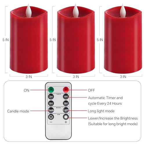 Image of 3PCS, 3 x 5 inches Flameless Candle with Remote Control, 3D Flickering Wick, Real Wax Pillar LED Candles, Battery Candles,with Timer,for Holiday Home Decor, Red