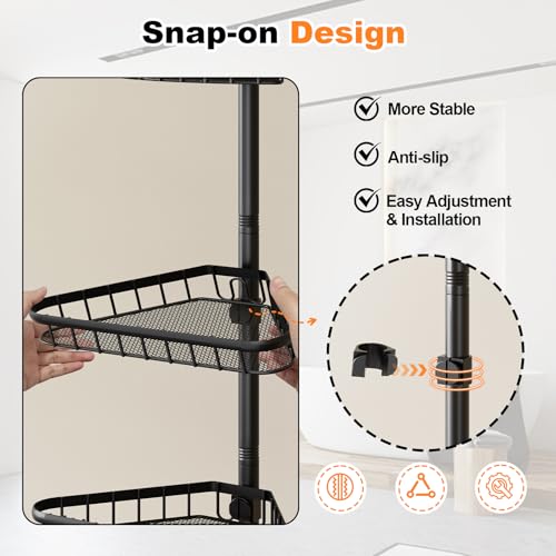 Dripex 4 Tier Shower Caddy, Rust-Proof No Drilling Telescopic Organiser Bathroom Shelves Adjustable Corner Storage Rack with Basket 98CM-287CM (Black) - Image 5