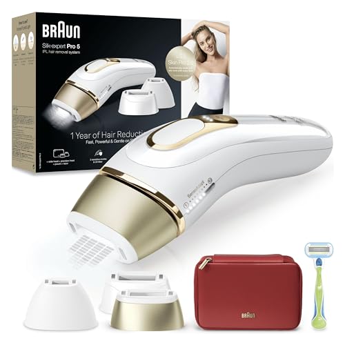 Braun Silk·expert Pro 5 Épilateur À Lumière Pulsée, Épilation Semi-Définitive Des Poils, Alternative À L’épilation Au Laser, Avec Pochette, Rasoir Venus, 3 Têtes, Cadeau Pour Femme, Or/Blanc, PL5262