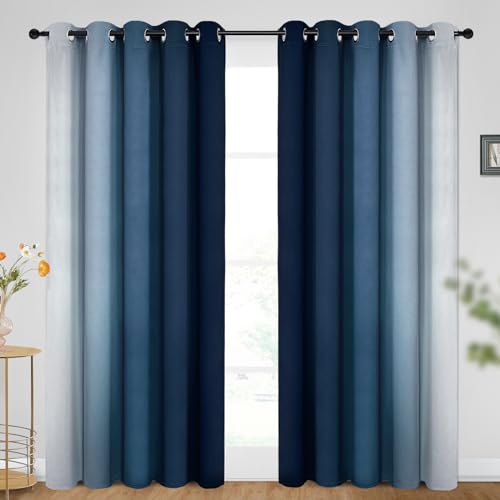 Image of SimpleHome Ombre Blue to Grey White Curtains for Living Room 62Wx96L | Room Darkening Curtains for Bedroom,Gradient Light Blocking Curtain,Thermal Insulated Grommet Window Drapes,2 Panels,96 Inch