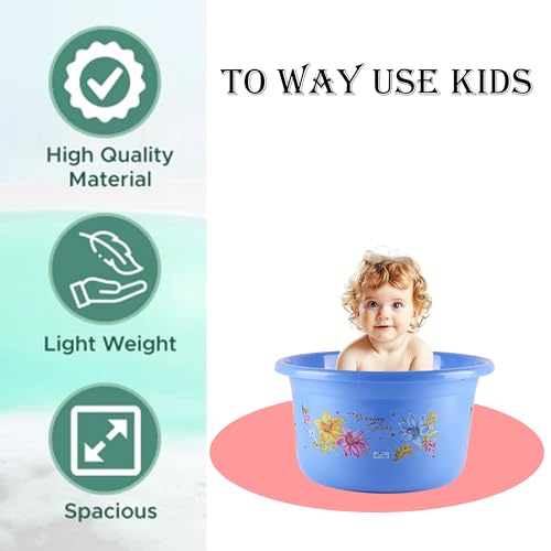 Image of Kuber Industries Pack of 3 Plastic Tub | Bath Tub of Bathing & Washing | Tub for Bathroom | Bathtub for Baby | Flower Print Water Tub | 25 LTR | Blue