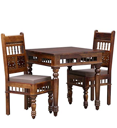 Image of Solid Sheesham Wood Square Dining Table 2 Seater | Two Seater Dinning Table with 2 Chairs for Home | Chairs with Cushion | Dining Room Sets for Restaurants, 2 Seater Dining | Brown Finish