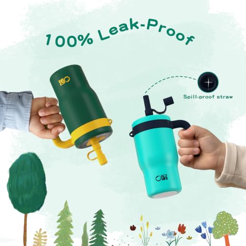 Image of OISIZ 14oz Kids Tumbler with Straw Lid & Handle,Kids Cup with Animal Accessory for School,Kids Water Bottles with Dust-proof Cover,Leakproof Water Bottles,316 Stainless Steel,Keep Cold 24 Hours-green