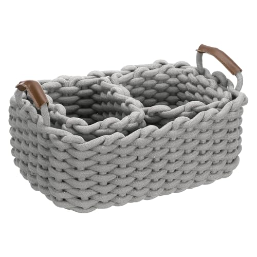 uxcell 3pcs Woven Basket Cotton Rope Storage Baskets with PU Handle Gift Chest Box for Shelf Organizing Bedroom Home Decor Nursery, Gray (S, L)