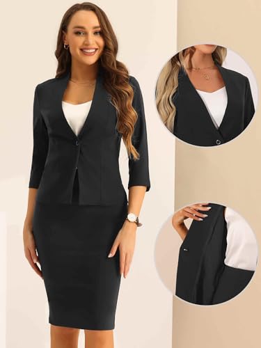 Allegra K Business Skirt Suit Set for Women's 2 Piece Office Work Outfit Collarless Blazer Pencil Skirt2