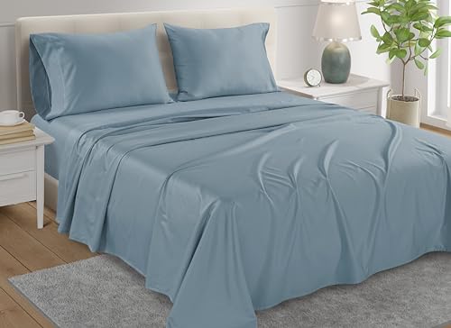 Image of Egyptian Cotton Sheets 4 Piece Luxury CalKing Sheet Set - French Blue | 800 Thread Count Buttery Soft elasticized Sheet & Pillowcase Sets with 15 inch Deep Pocket, No Pill, Naturally Cool & Breathable