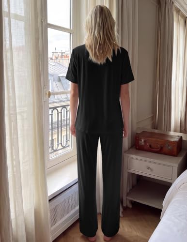 Image of HNG Women Pajamas Set 2 Piece Button Up Pajamas Pant and Short Sleeve Shirt for Woman Pj Sets with Pocket