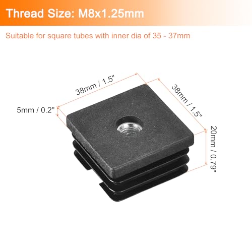 Image of uxcell 10Pcs Inserts for Square Tubes with M8-1.25mm Thread, for 1.5 inchx1.5 inch OD Square Tube, Black Plastic Plug Caster Insert Chair End Caps Furniture