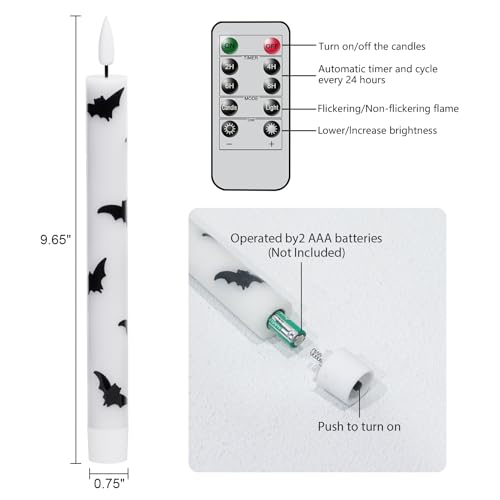 Image of Halloween Flameless Taper Candles with Remote Timer, 4 Pack LED Flickering Candlestick, 9.65 Inch Battery Operated Real Wax Candles with Bat Prints for Halloween Decorations