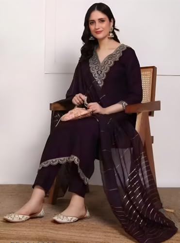 Image of Women's Viscose Rayon Embroidered Kurta Pant Set with Dupatta