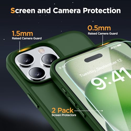 Image of Miracase Magnetic for iPhone 15 Pro Case 6.1 inch (Compatible with MagSafe)(with 2X Screen Protectors)Military-Grade Protection, Anti-Fingerprint Translucent Matte Phone Cover, Dark Green
