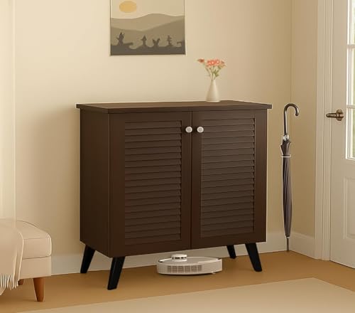 Image of Mevigo Shoe Rack Wooden with Door - 2 Door 4- Tier Engineered Wood Shoe Rack Organizer for Entryway, Hallway & Bedroom, Space Saving Shoe Storage Cabinet -Brown-VB2