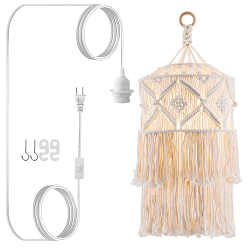 Image of FLSFU Boho Plug in Pendant Light, Hanging Light with Plug in Cord, Hanging Lamp with Handmade Macrame Lamp Shade, Boho Plug in Hanging Light Fixtures for Living Room Bedroom Decor