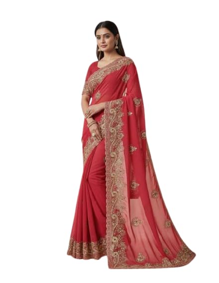 Image of Women's Red Heavy Embroidered Saree with Rich Zari Work & Designer Border | Bridal & Wedding Traditional Ethnic Wear
