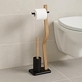 Relaxdays WC Garnitur, HxBxT: 78,5 x 23 x 18 cm, Holz & Metall, stehender Klopapierhalter mit WC-Bürste, schwarz/Natur