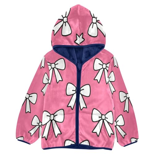 White Bows on Pink Background Toddler Fleece Jacket Girl Boys Hooded Fleece Jacket Coat Warm Outwear Zip-up 3-10T
