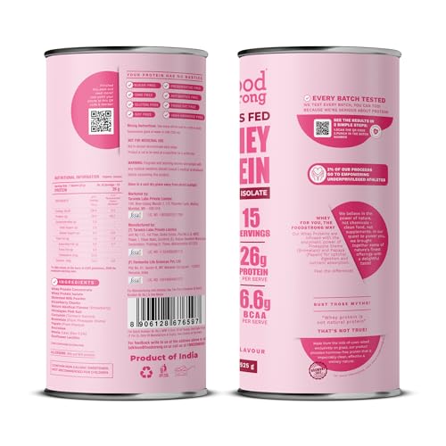 Image of Foodstrong Whey Protein Powder (Concentrate + Isolate), 100% Hormone Free Grass-Fed Whey, 26G Protein & 6.6G BCAA, Strawberry, With Turmeric & Digestive Enzymes, (15 Sachets), 525G