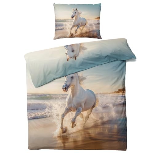 QEODAH Parure de Lit 220x240 Cheval - Housse de Couette 2 Personnes Motif Cheval Blanc, Ensemble de Literie Imprimée en Microfibre Douce avec Fermeture éclair, 2 taies...