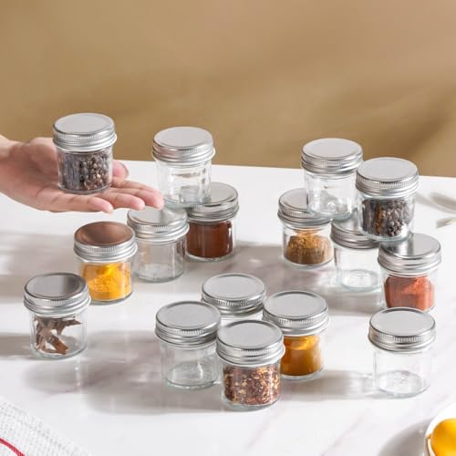 Image of Nestasia Set of 16 Mini Glass Jars with Airtight Silver Lids | Food-Grade Containers for Spices, Snacks, Dry Fruits, Candy & Kitchen Storage (50ml)