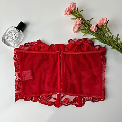 Women Sheer Mesh Boned Bustier Bra Single Row Buckle Back Corset Tops Strapless Tube Tops #TOP6