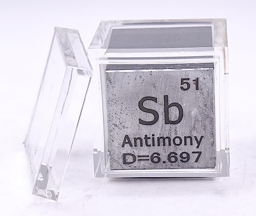 Image of 1 inch 25.4mm Antimony Metal Cube Sb up to 99.9% Pure Periodic Table Element Engraved Density Collection Science Education Display Block Cube + Acrylic Case Box - 1PC